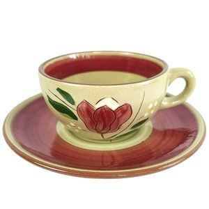 Vintage Stangl Pottery MAGNOLIA Cup & Plate Set Red Brown Flower Pattern